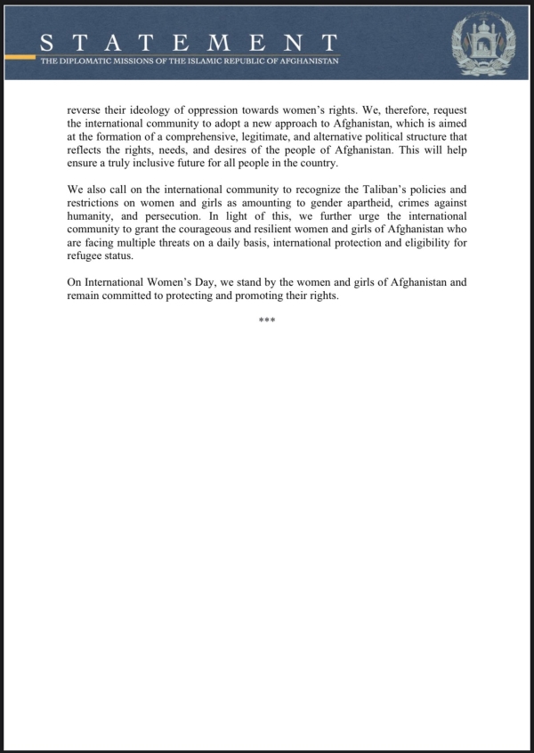 STATEMENT OF THE DIPLOMATIC MISSIONS OF THE ISLAMIC REPUBLIC OF AFGHANSITAN ON INTERNATIONAL WOMEN&#039;S DAY
