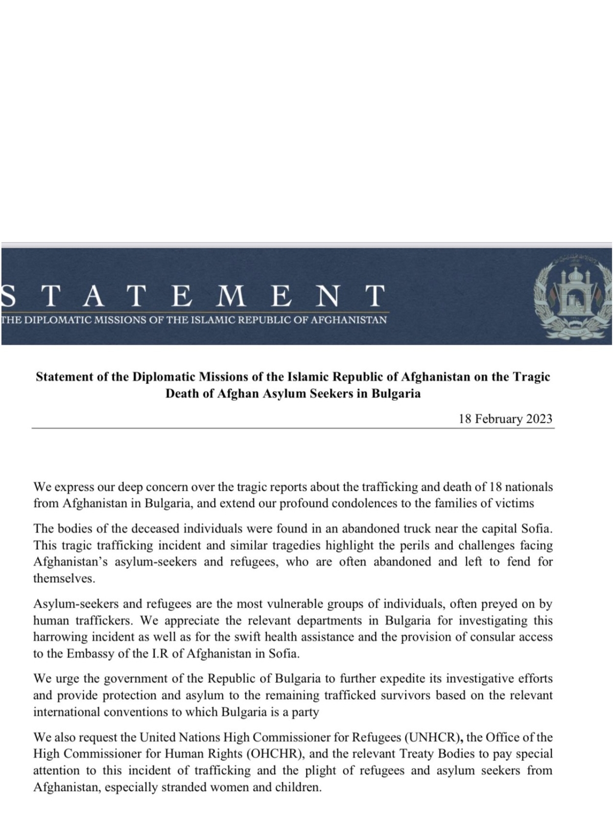STATEMENT OF THE DIPLOMATIC MISSIONS OF THE ISLAMIC REPUBLIC OF AFGHANISTAN ON THE TRAGIC DEATH OF AFGHAN ASYLUM SEEKERS IN BULGARIA