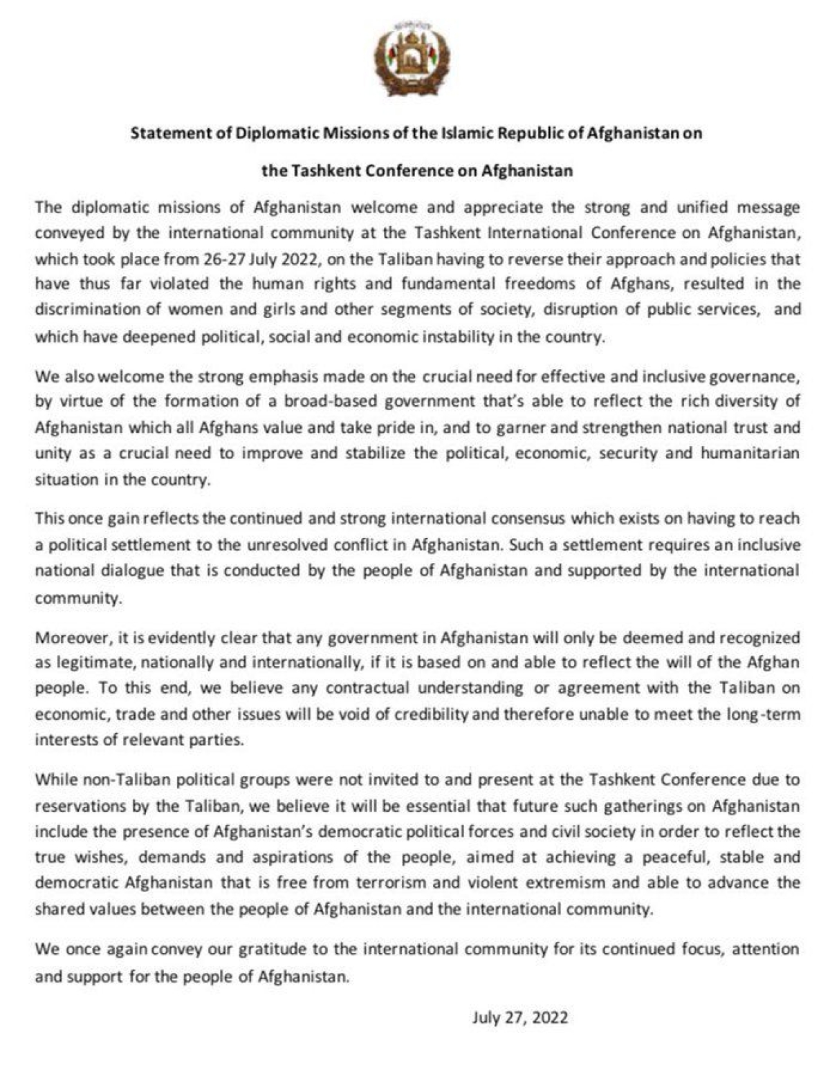 STATEMENT OF THE DIPLOMATIC MISSIONS OF THE ISLAMIC REPUBLIC OF AFGHANISTAN ON THE RECENT TASHKENT CONFERENCE ON AFGHANISTAN Afghanistan.